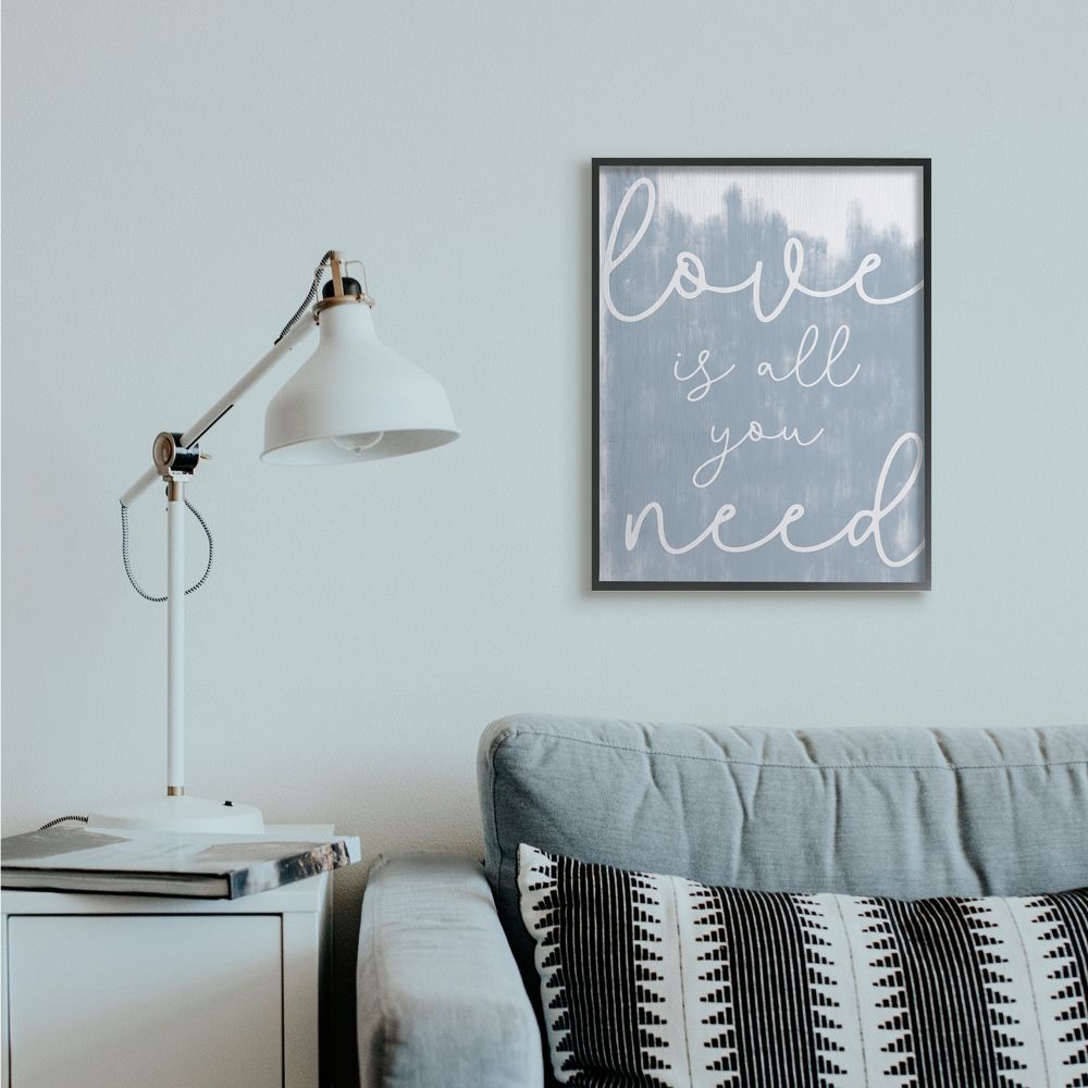 Stupell Industries Whimsical Love Is All You Need Script Blue White Quote Framed Wall Art Design by Daphne Polselli, 24" x 30", Black Framed