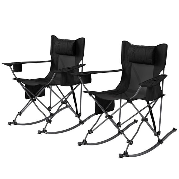 Outsunny Portable Outdoor Folding Rocking Camping Chairs with Headrest, Cooler Bag, Cup Holder, Carry Bag, 2 Pack, Black