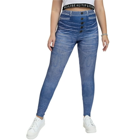 Sexy Dance Ladies Faux Denim Pant Ripped Print Plus Size Leggings Tummy  Control Fake Jeans Breathable Jeggings High Waist Trousers Blue XL