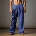 thumbnail image 4 of Men's Slub Linen Straight Leg Casual Pants With Vintage Print Blue M, 4 of 4