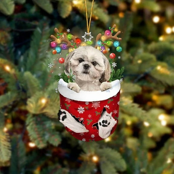 Acrylic 2D FLAT Shih Tzu In Snow Pocket Christmas Ornament