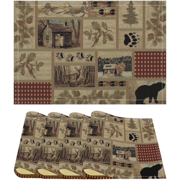 Retro Cabin Placemats Set of 4,Rustic Vintage Jungle Wildlife Elk Deer Bear Country Style Lodge Print Table Mats for Home Dining Table Kitchen Farm Party Decor 4PCS