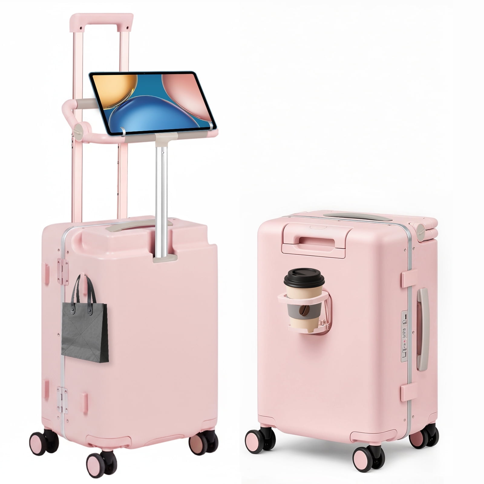 Advwin 20" Ride On Luggage with Foldable Seat, Cup/Tablet Holder, 6 PCs Packing Cube Set & TSA Lock, Hard Shell PC Spinner Travel Suitcase for Kids & Adults, Pink