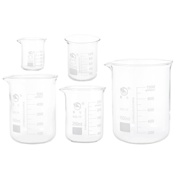 5 vasos medidores de vidrio transparente, suministros de laboratorio