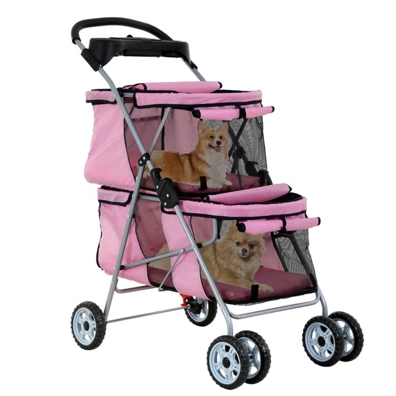 CL.HPAHKL Double Layer Pet Stroller for 2 Small Pets, 4-Wheel Folding Dog Cat Jogger with Mesh Window & Rear Brake, Lightweight Portable Travel Dog Carriage Stroller, Pink