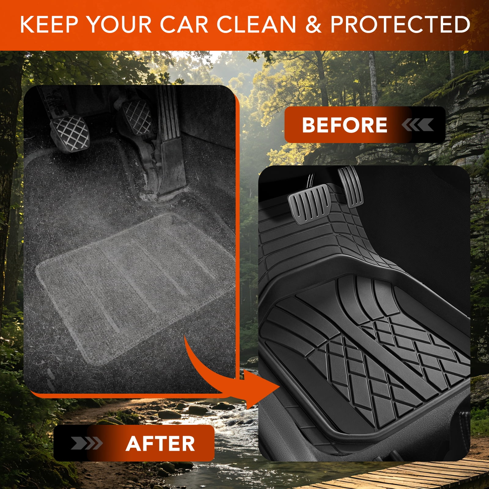 Ozark Trail Rubber Car Floor Mats, Heavy Duty Rubber Floor Mats, Injection Molded Aluminum Film, Trim-to-Fit All Weather Mats, Waterproof Easy-Clean Front and Rear Interior Protection, 3 Piece Black
