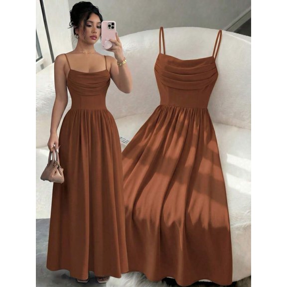 Coffee Womens Elegant Spaghetti Strap Ruched Waist Flowing Maxi Dress For Wedding Guest Or Formal Occasion
