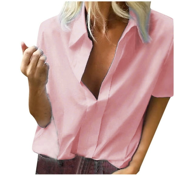 Jophufed Women's Summer Tops Fashion Solid Color Short Sleeve T-Shirt Comfortable Breathable V-Neck Shirt Blouses Gifts