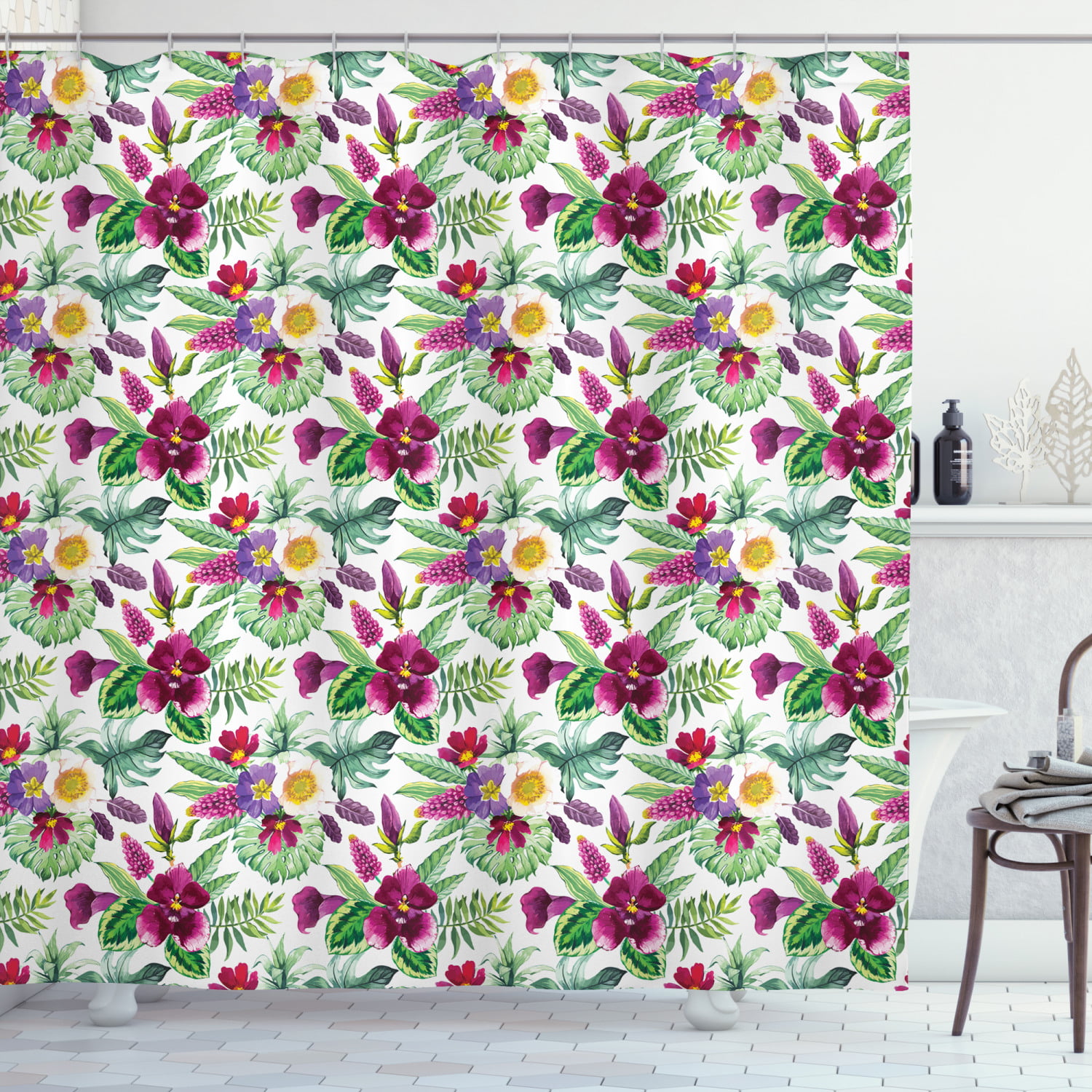Calla Lily Orchid Rose Shower Curtain Set Bathroom Decor Waterproof Fabric Hooks 
