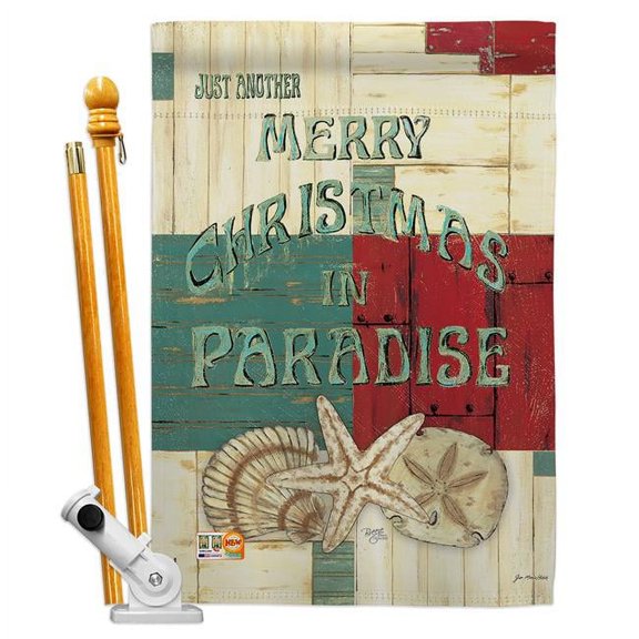 Breeze Decor BD-XM-HS-114165-IP-BO-D-US18-SB 28 x 40 in. Xmas in Paradise Winter Christmas Impressions Decorative Vertical Double Sided House Flag Set & Pole Bracket Hardware