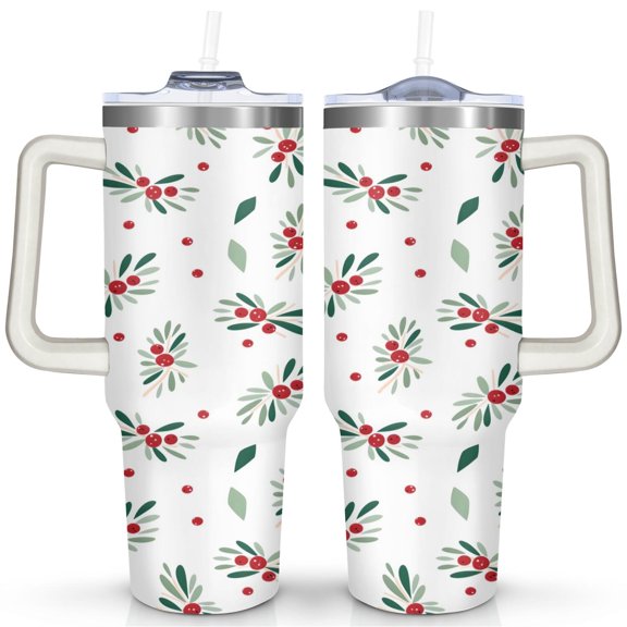 Cute Holly Leaves 40 Oz Tumbler with Handle Lid and Straw Stainless Steel Double Walled Vacuum Insulated Cup Merry Christmas Gifts Tumbler for Women Men Friends Outdoor Indoor