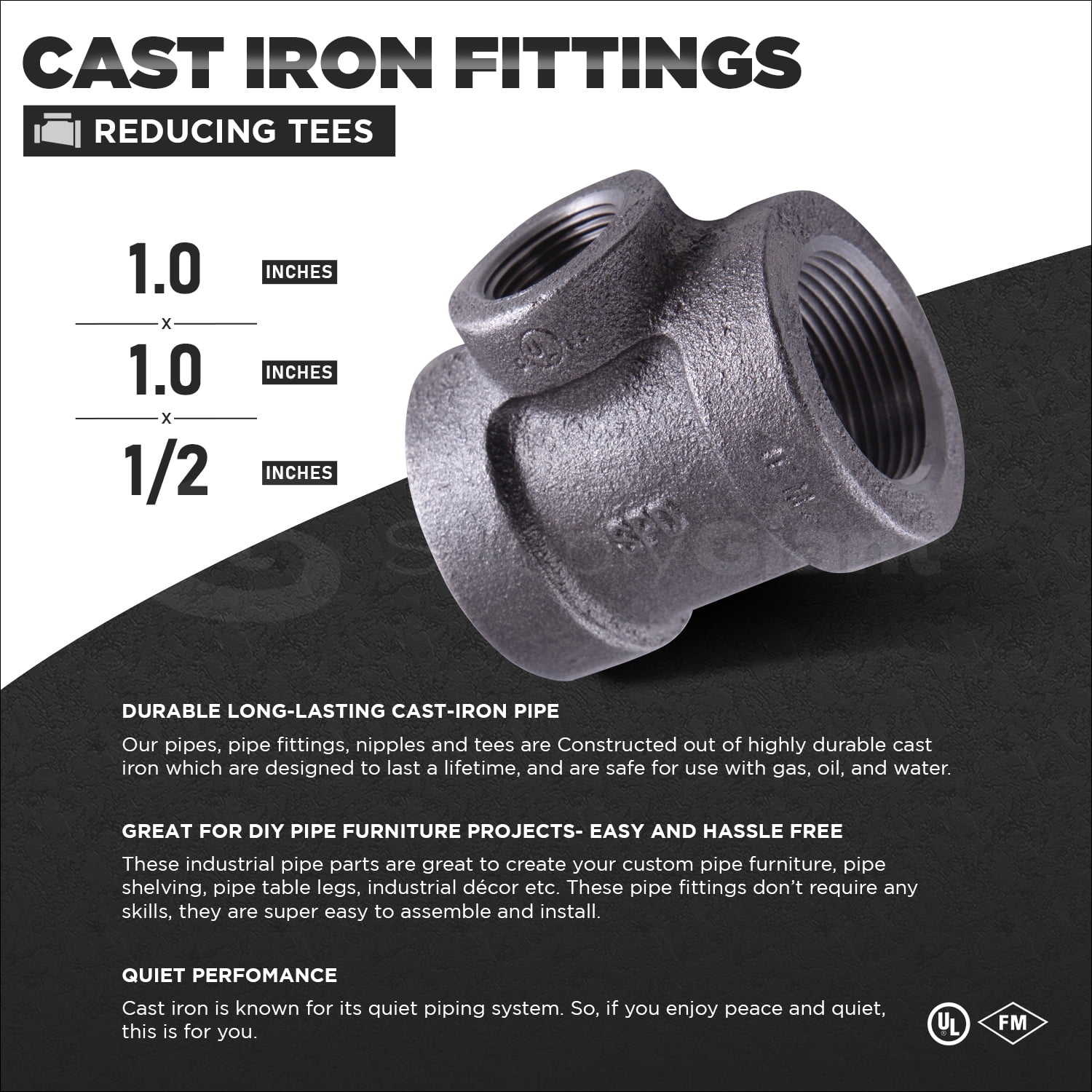 Supply Giant 1" x 1" x 1/2" BLack Pipe Fitting Reducing Tee Cast Iron
