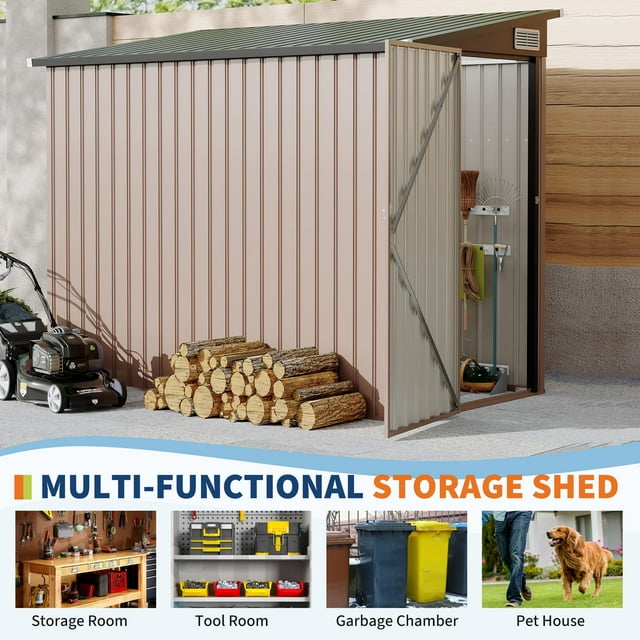 CazToi 4x8 FT Outdoor Metal Storage Shed Galvanized Steel Lean-To Tool Shed with Locking Doors 70MPH Wind Resistant