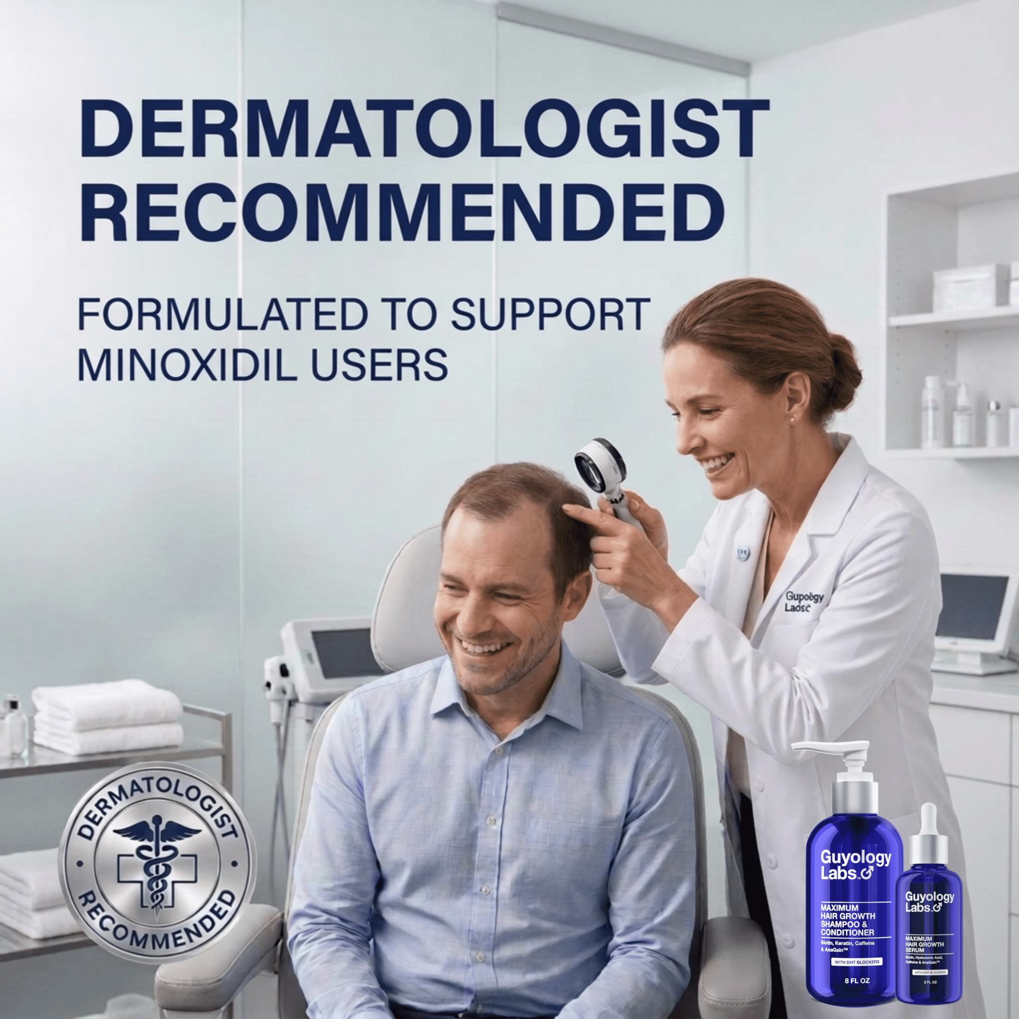 Hair Growth Shampoo and Conditioner for Men and Women DHT Blocker for Hair Loss and Regrowth Thickening Thinning Hair 2percent AnaGain™, Biotin and Caffeine Minoxidil Compatible by Guyology Labs