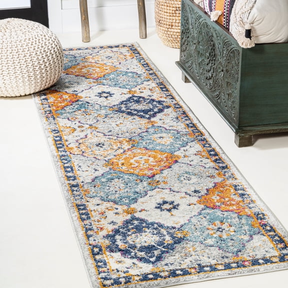 Kirman Bohemian Medallion Light Gray/Blue/Orange 2 ft. x 8 ft. Runner Rug