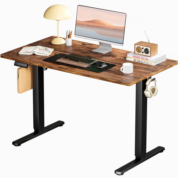 TOPCOMFY Ergonomic Adjustable Desk with T-Shaped Metal Frame, Wooden Desktop for Home Office, 40'' x 24", Brown