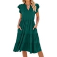 thumbnail image 3 of Women'S Summer Dress V Neck Short Sleeve Midi Sundress Flowy Tiered Beach Dresses with Pockets Dark Green S, 3 of 9