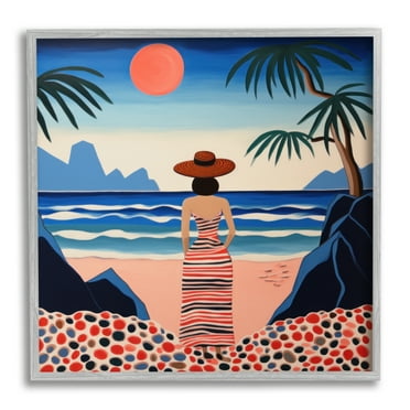 Stupell Industries Patterned Woman on Beach Landscape Painting Gray Framed Art Print Wall Art, 17 x 17