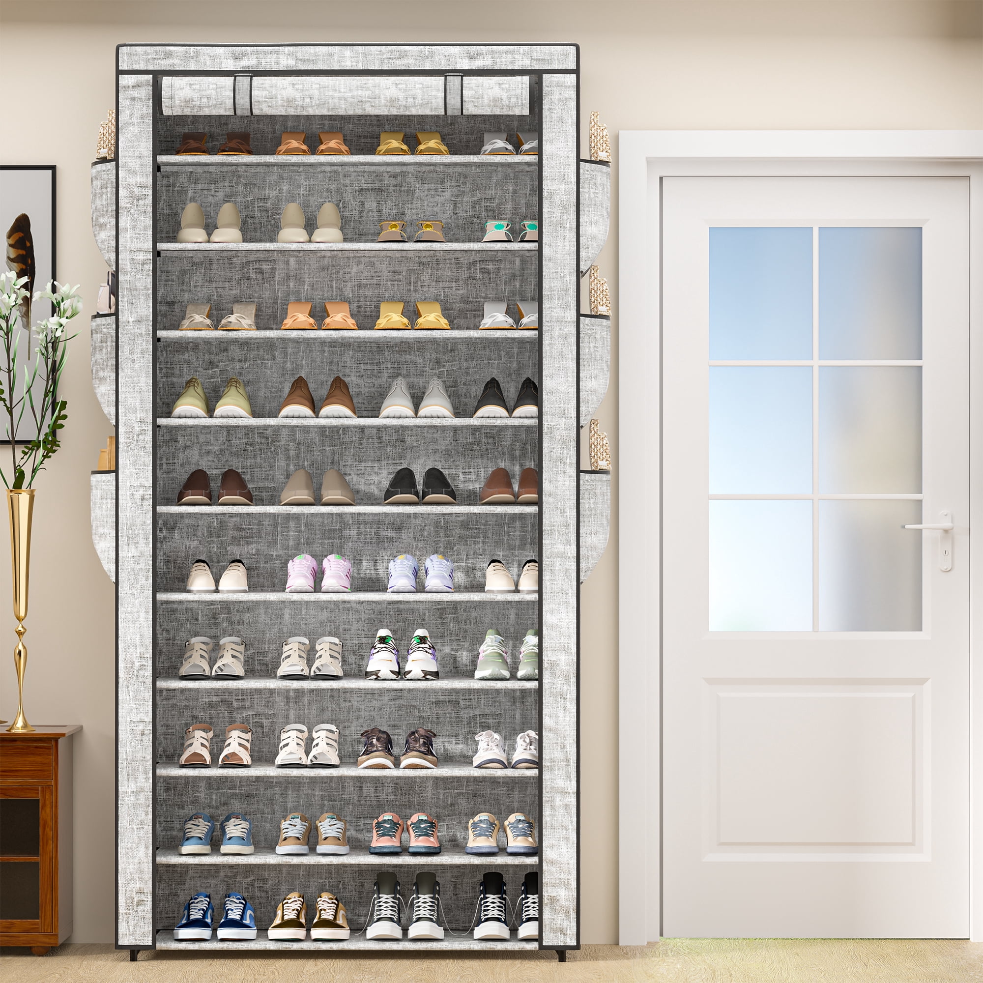 10 Tier Large Capacity Dustproof Shoe Cabinet 50-55 Pairs, Tall Shoes Storage Rack with Fabric Cover for Closet, Dorm, etc