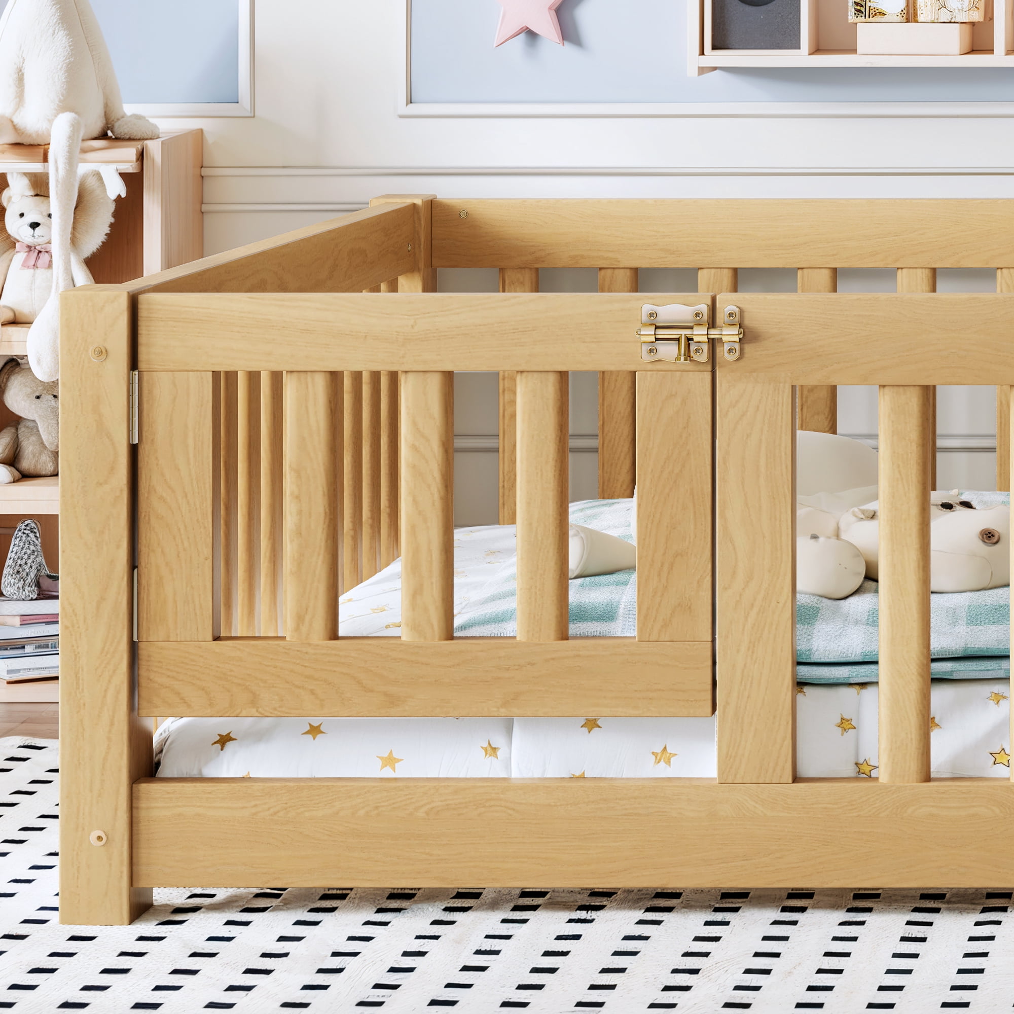 Full Size Kids Floor Bed with Safety Guardrails & Removable Door, Solid Pine Wood Montessori Bed, Natural