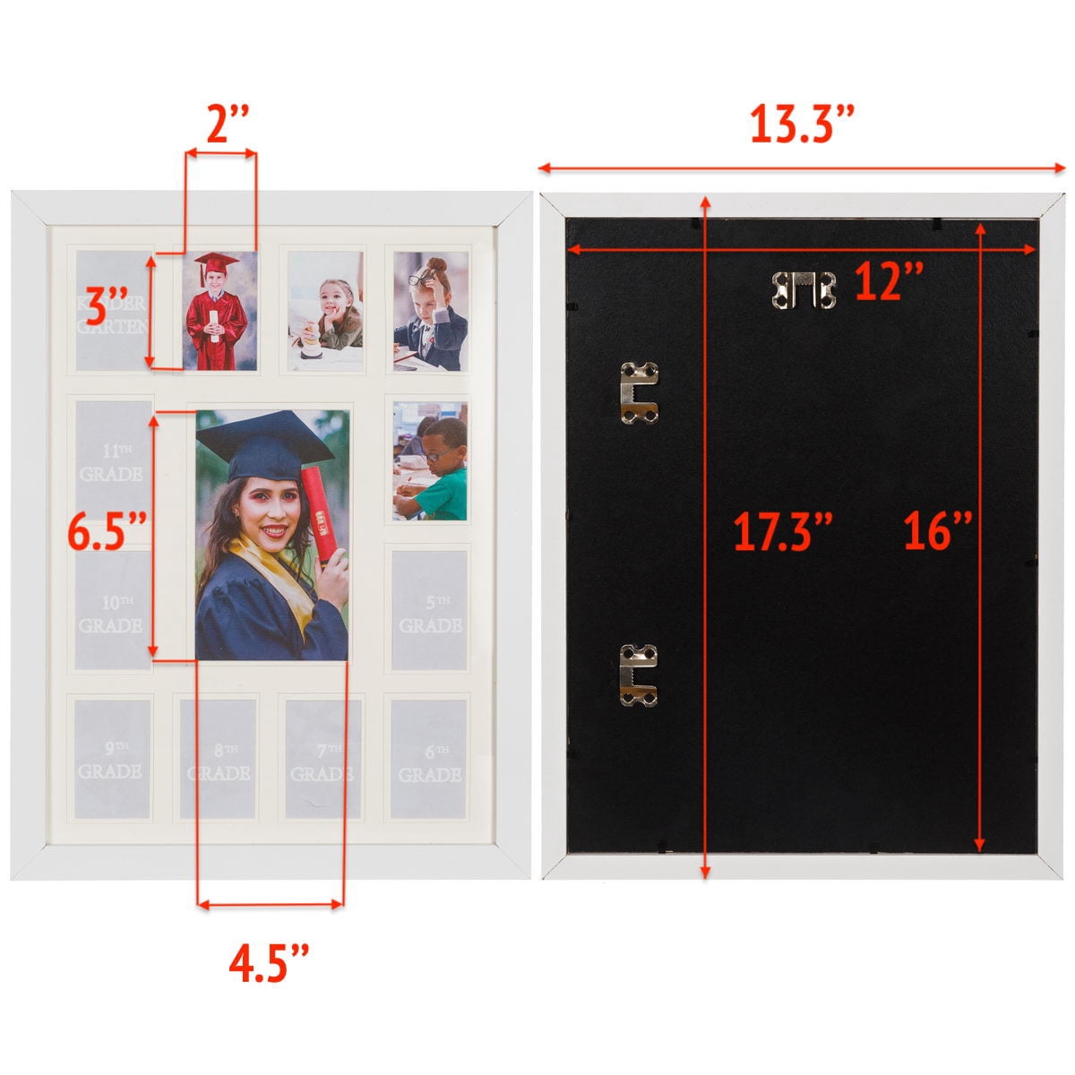 WOOD SIDE ORBIS School Years Collage Frame with Double White Mat, Fits 5x7 & Twelve 2.5x3.5 Photos, K-12 Keepsake