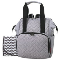 Fisher-Price Emerson Multi-Pocket Quilted Diaper Bag Backpack Tote with Matching Changing Pad, Insulated Bottle Compartment, Electronics Pocket and Stroller Straps in Heather Gray
