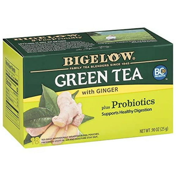 Bigelow Tea Green Tea with Ginger Plus Probiotics, Caffeinated, 18 Count, (Pack of 6), 108 Total Tea Bags