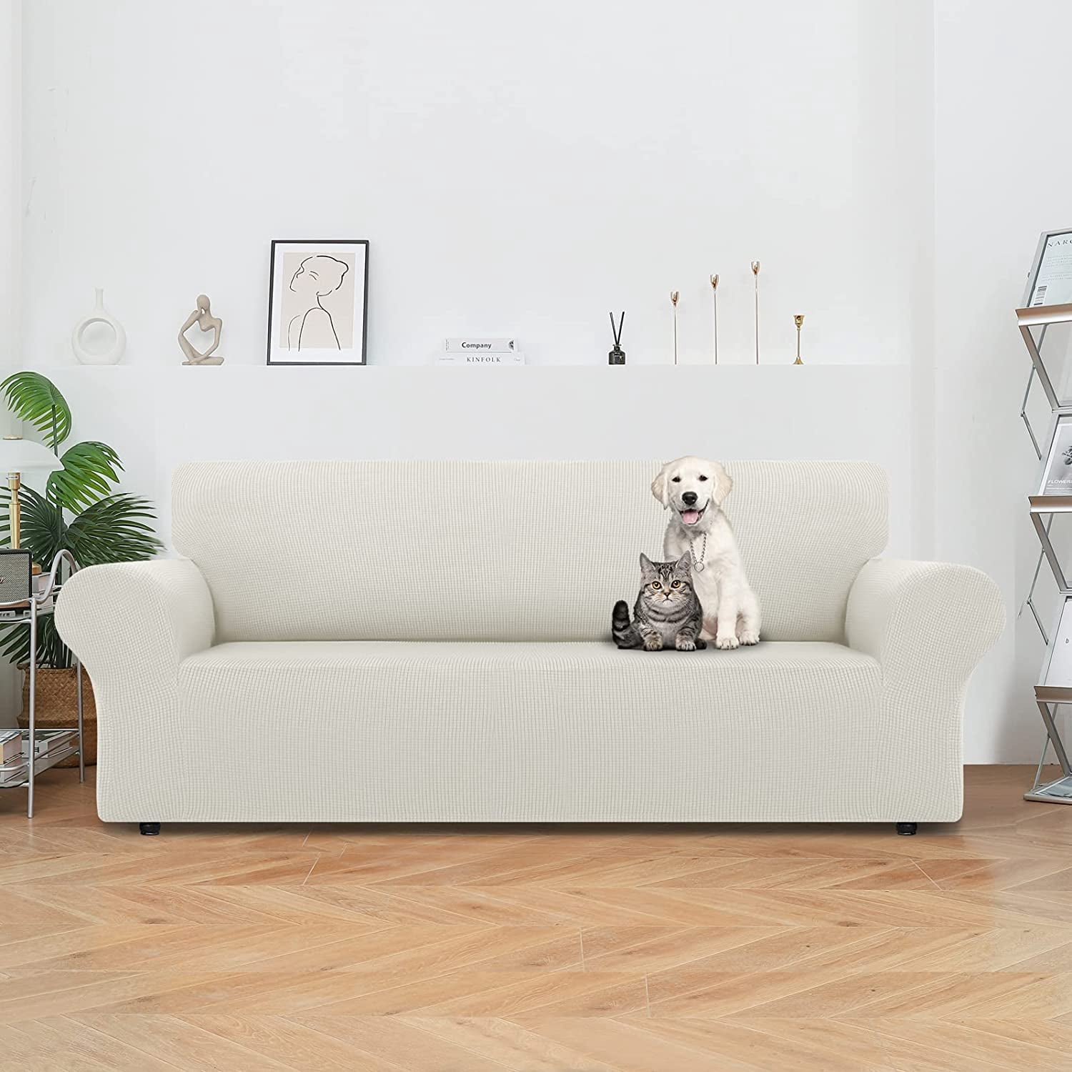 Nvzi Stretch Loveseat Sofa Slipcovers 1 Piece Couch Covers for Sofa Furniture Protector Full Sofa Covers with Elastic Bottom for Kids and Dog (Medium,White)