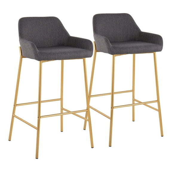 Daniella Contemporary Glam Fixed-Height Bar Stool In Gold Metal And Charcoal Fabric - Set Of 2