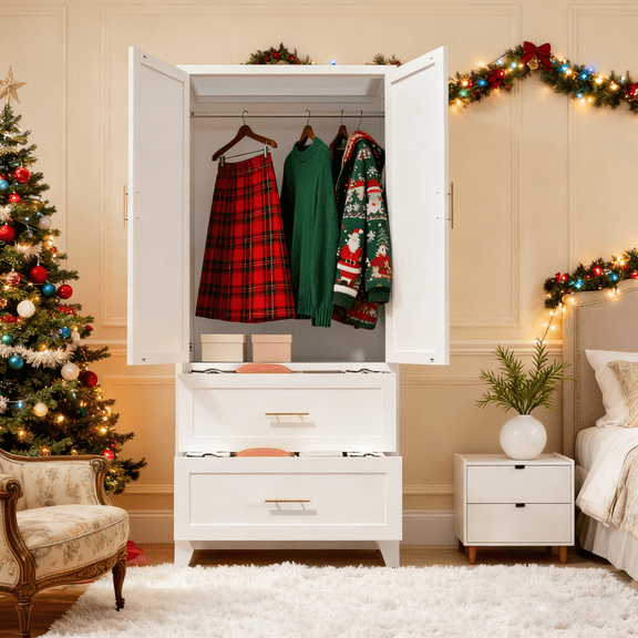 YIYADO 71 Inch High Metal Wardrobe with 2 Drawers and Hanging Rod, 2 Door Wardrobe Wardrobe with Shelves for Bedroom, Office, Laundry Room, White