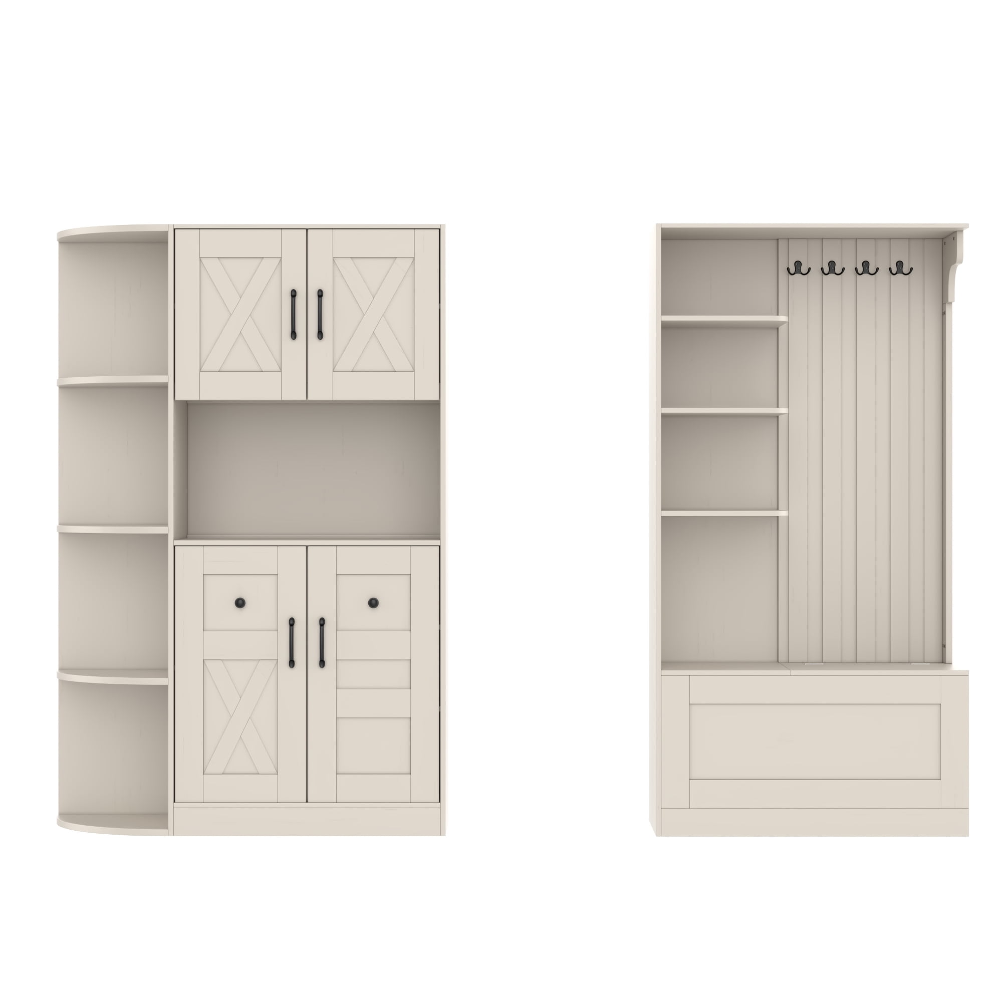 T-Foyer Farmhouse Beige Detachable Hall Tree with 4 Hooks & Bench, Wooden Rustic Entryway Organizer with Open Storage & 2 Cabinets