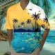 thumbnail image 3 of Camisas Manga Larga Hombre Camisa de estilo casual de manga corta para hombre Camisa de solapa con botones con estampado 3D de puesta de sol de junto al mar Cárdigan de manga corta (Yellow, 3XL), 3 of 4