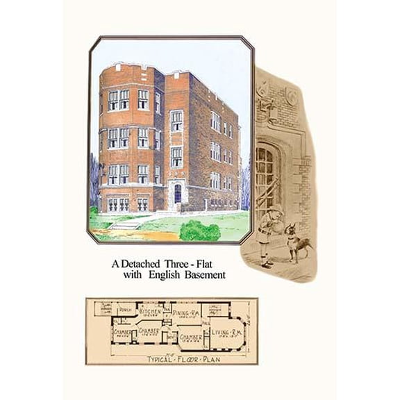 A Detached Three-Flat with English Basement-Fine Art Canvas Print (20" x 30")