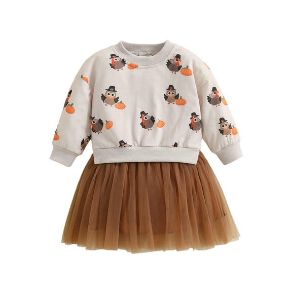 BemeyourBBs Toddler Baby Girls Thanksgiving Dress Outfit Baby Girl Fall Tulle Patchwork Tutu Dress Long Sleeve Pumpkin Turcky Print Holiday Party Dress Toddler Girls Thanksgiving Outfit