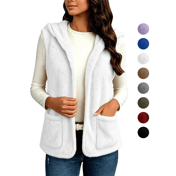 Womens Fleece Vest Fall Winter Casual Sleeveless Hooded Cardigan Vests with Pockets Solid Color Warm Comfy Outerwear,Sizes S-3XL