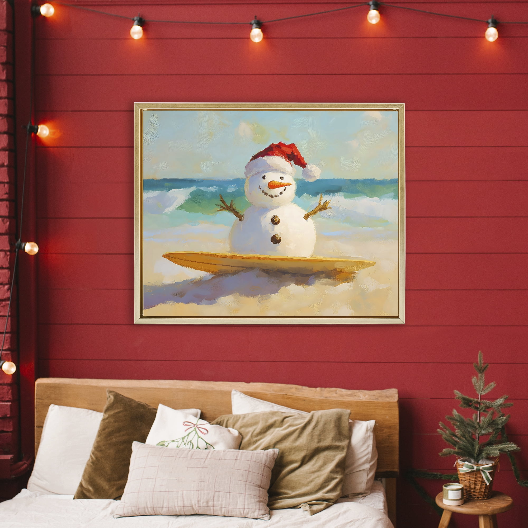 Stupell Industries Surfer Snowman on Beach Gold Framed Floater Canvas Wall Art, design by The Prints Vibe