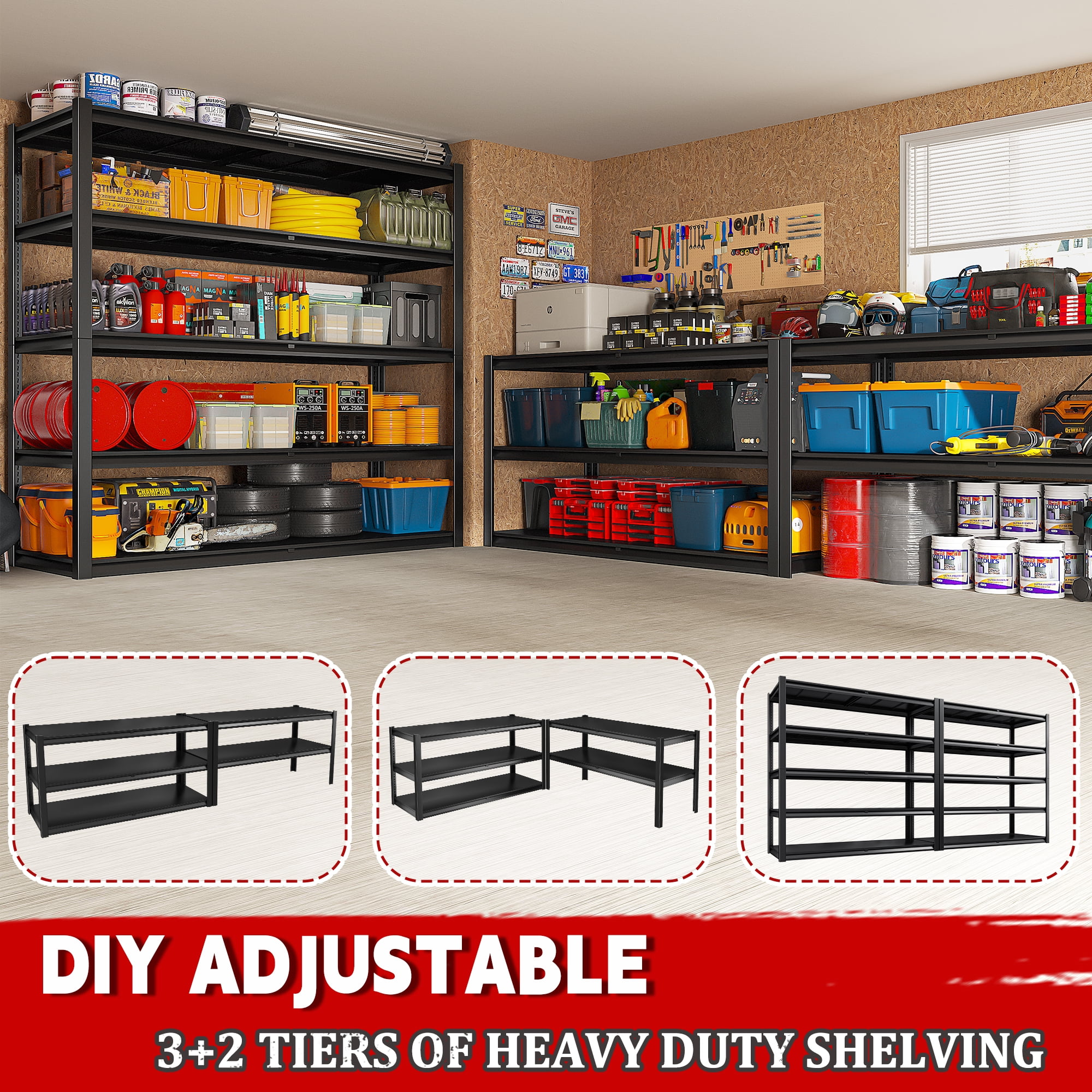REIBII 55" W Garage Shelving Unit 3000LBS Heavy Duty Metal Shelving Adjustable Storage Rack