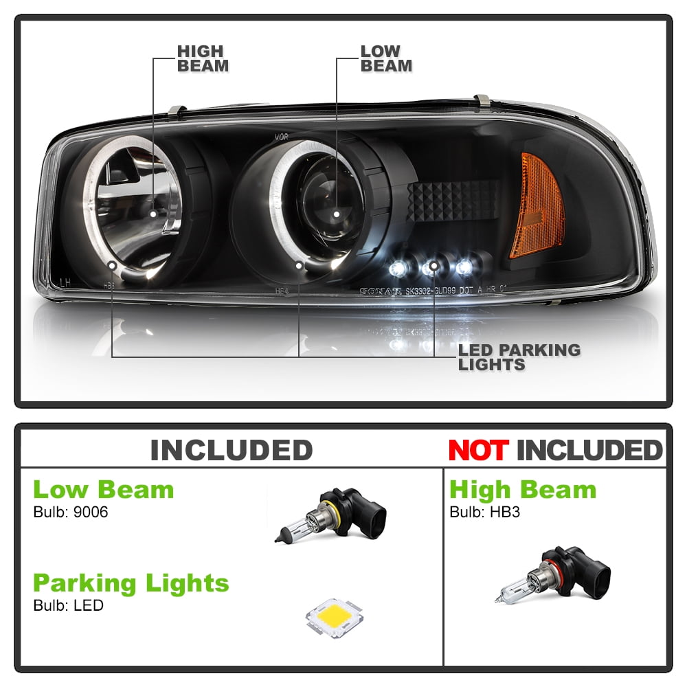 1999-2006 GMC Sierra Yukon Denali LED Halo Black Projector Headlights Headlamps