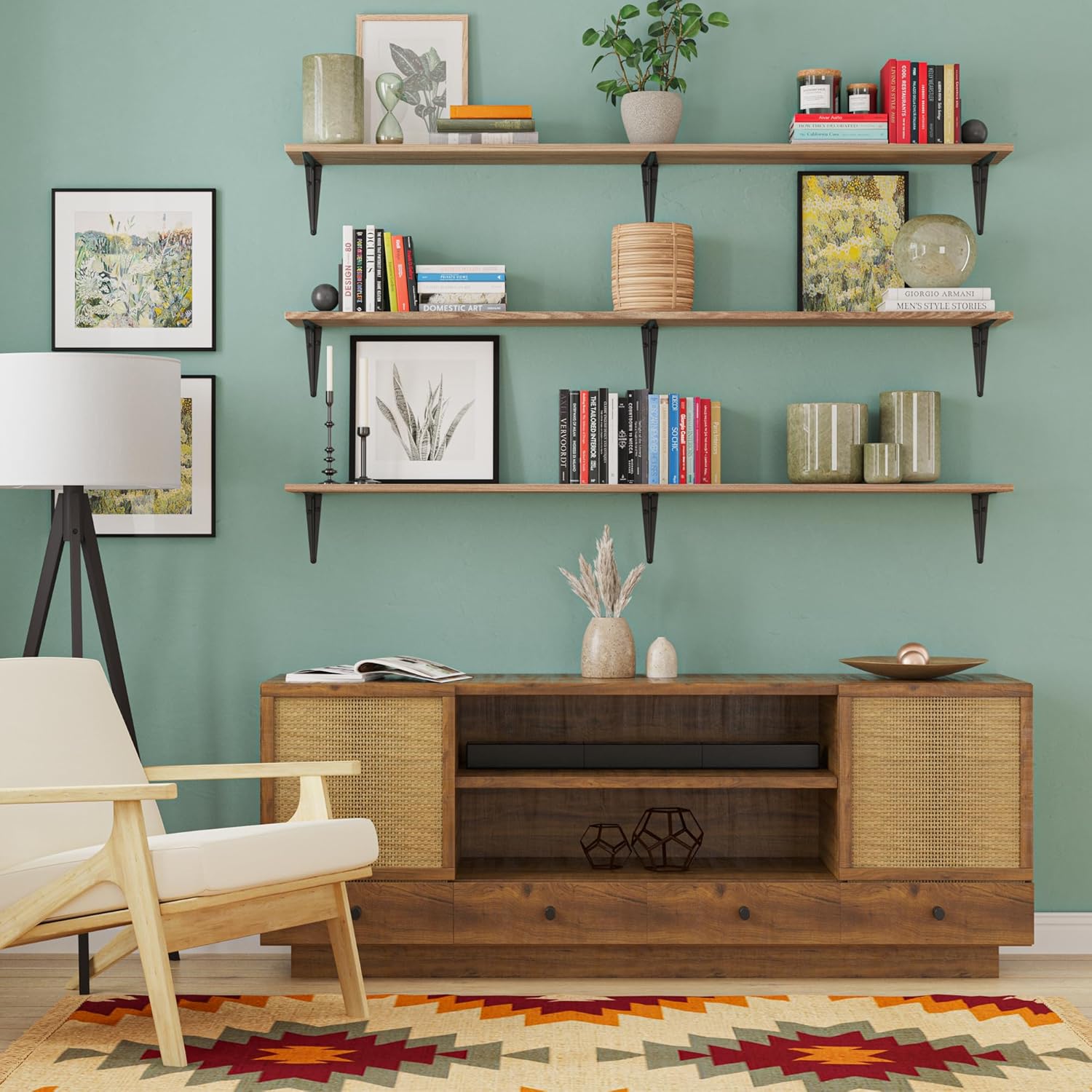 Wallniture Arras 60 inch Long, 8" Deep Rustic Floating Shelves for Wall Decor, Wall Bookshelf Living Room, Shelves for Kitchen, Pantry Floating Shelf, Set of 3, Burnt, Wood