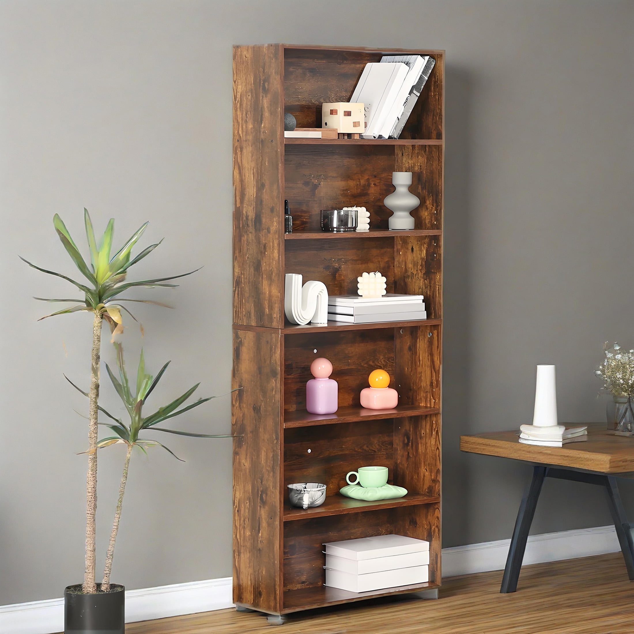 CONCETTA 6 Shelf Bookcase, 63 Inch Tall Floor Standing Open Bookshelf for Home Office and Living Room, Classic Rust