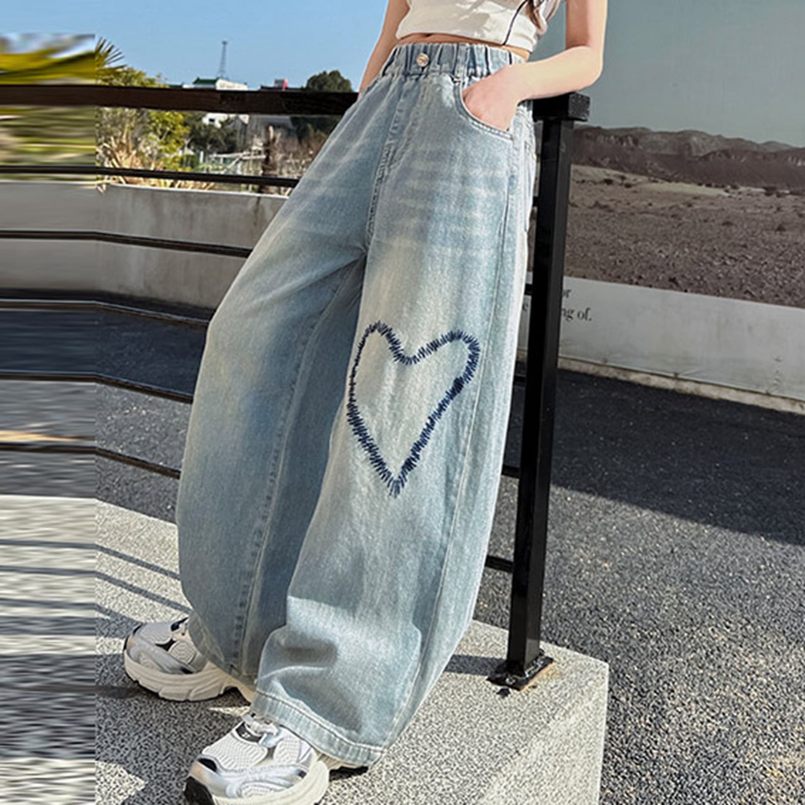 Kids Girls Jeans Size 8 Fashion Cute Embroidered Pants Elastic Waist Wide Leg Jeans Loose Casual Demin Pants With Pockets Blue,10-11 Years