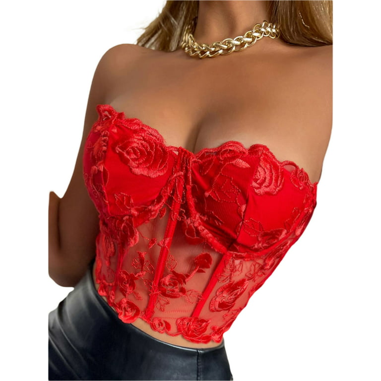 Women's Sexy Lace Mesh Bustier Tube Tops Embroidery Floral Sleeveless  Spaghetti Strap See Through Off Shoulder Tank Corset 