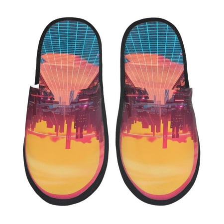 Balery Neon Sunset Cyberpunk Cityscape Slient Indoor Furry Fleece Comfort House Shoes Soft Non-Slip Home Shoes Cotton slippers House Slippers-- Medium