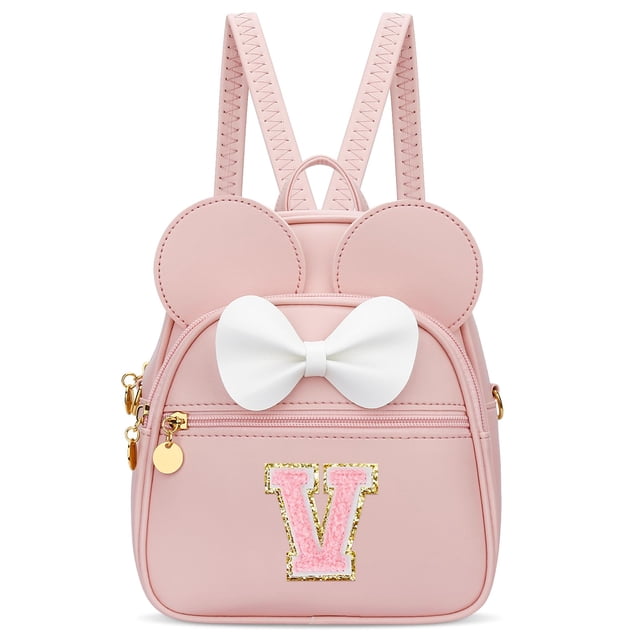 Minimochila KKXIU con iniciales en forma de lazo para niñas, piel sintética rosa