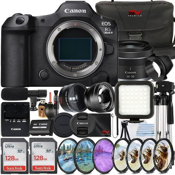 Canon EOS R5 Mark II Mirrorless Camera with Canon RF 24-50mm Lens   2 Pack 128GB Memory Card   Tripod   Case   SV Premium Accessory Bundle (International Version)