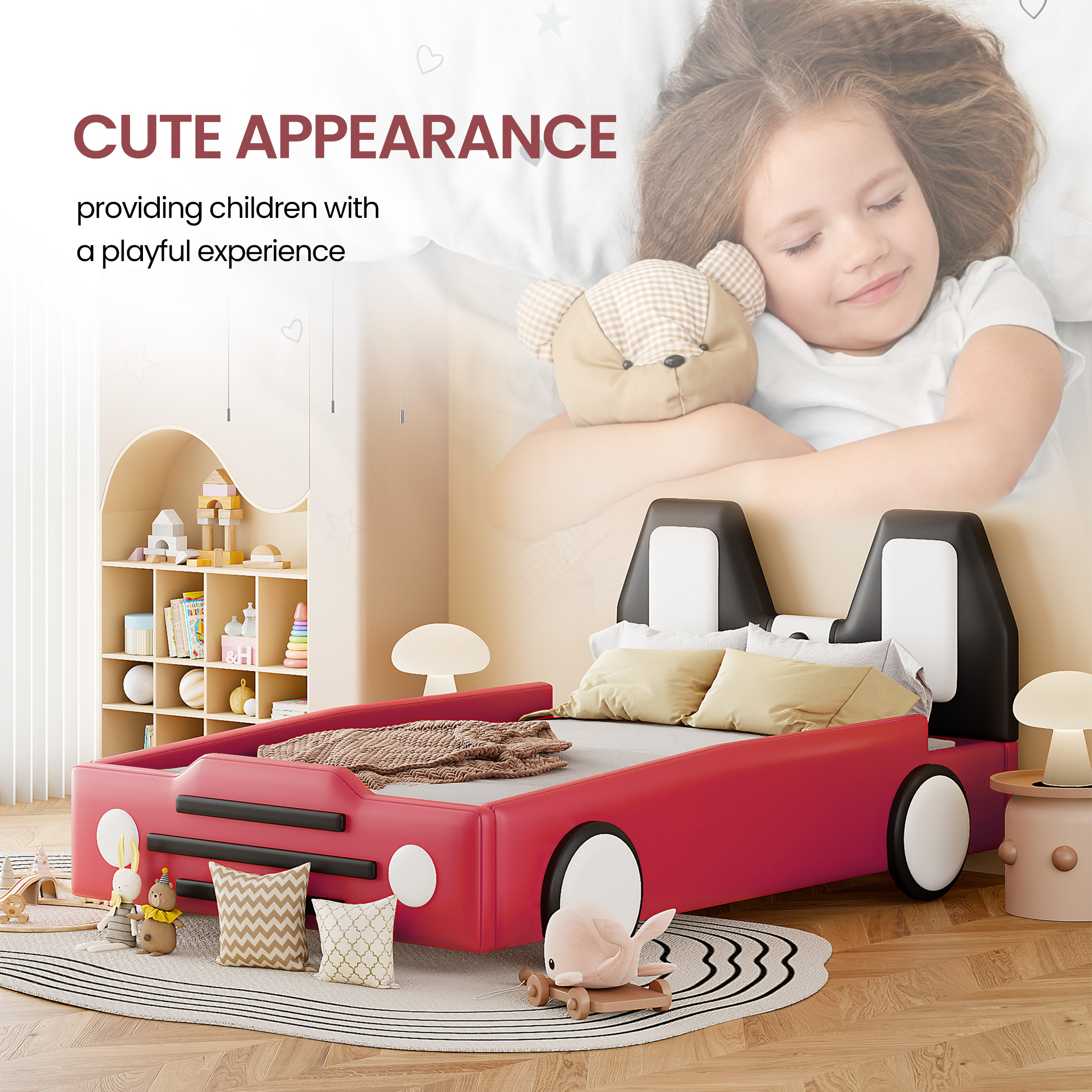 Aukfa Twin Size Kids Race Car Bed with Wheels, PU Leather Upholstered Platform Bed Frame for Boys/Girls Bedroom or Playroom, Red