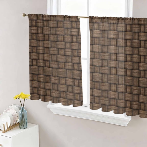 Dark Brown Rattan Sheer Curtains 45 Inch Length 2 Panels Set, Vintage Abstract Wicker Texture Voile Window Treatment Rod Pocket Small Kitchen Curtains Drapes for Bedroom 52"x45"x2