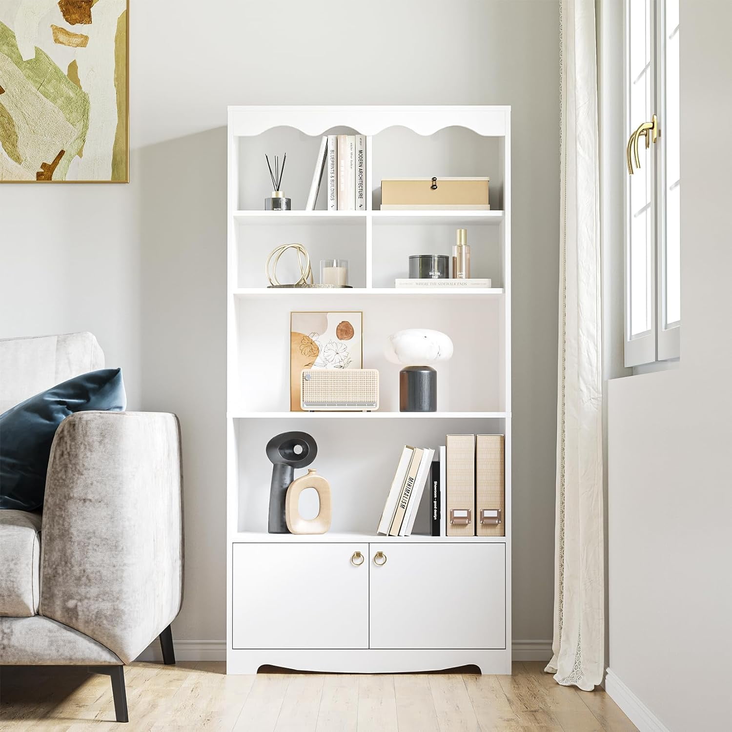 Jojoka 5-Tier White Bookcase, 63 Inch Tall Bookshelf with Open Storage Shelves & Doors, Modern Wooden Floor Standing Display Storage Shelves, Home Decor Furniture for Office, Living Room, Bedroom