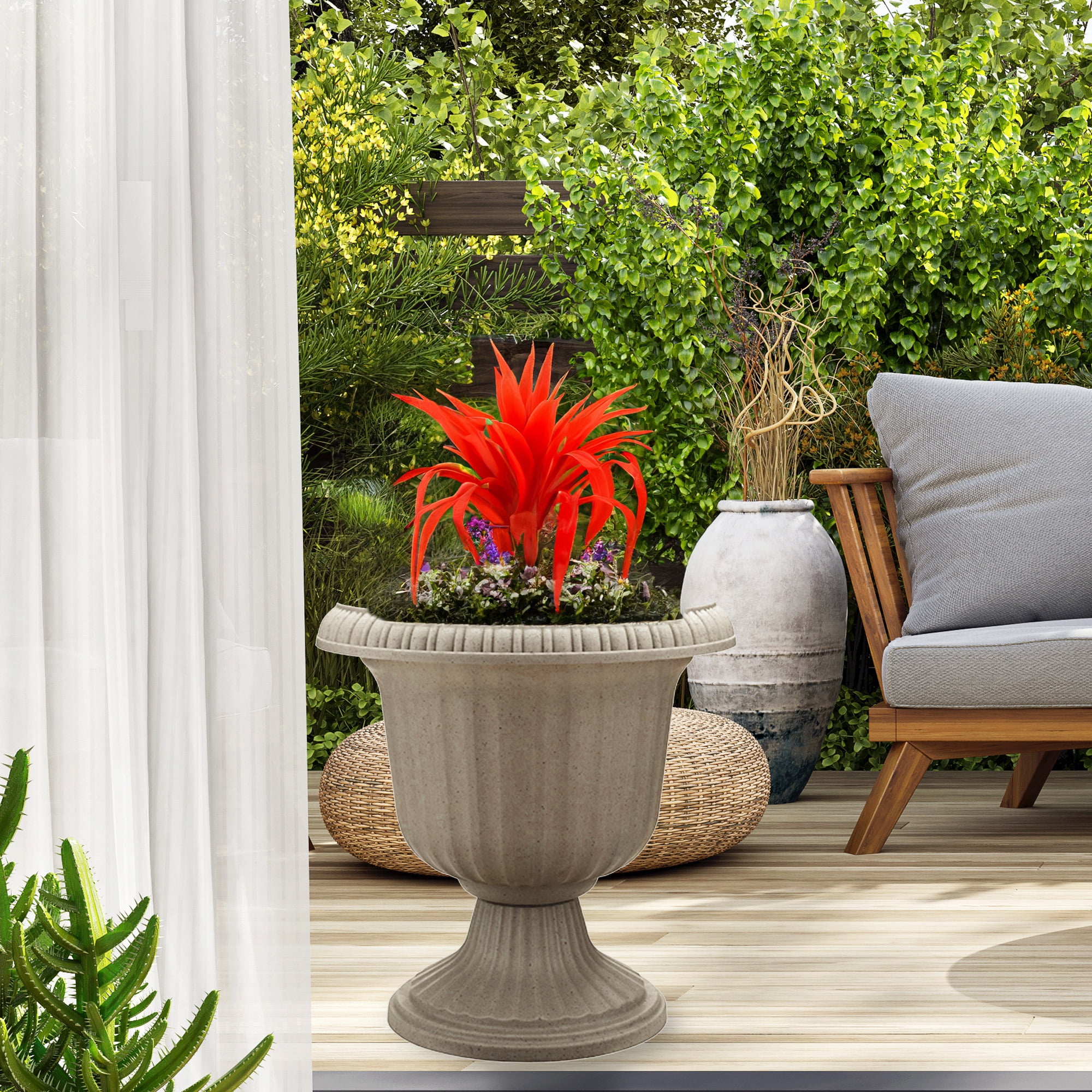 Southern Patio 14" Outdoor Lightweight Resin Utopian Urn Planter, Stone, 2 Pack