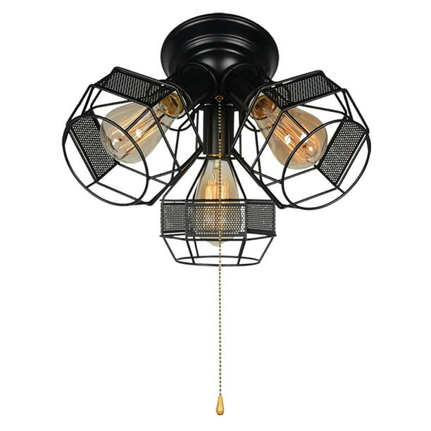 Industrial Close to Ceiling Light with Pull Chain, Black Metal Wire